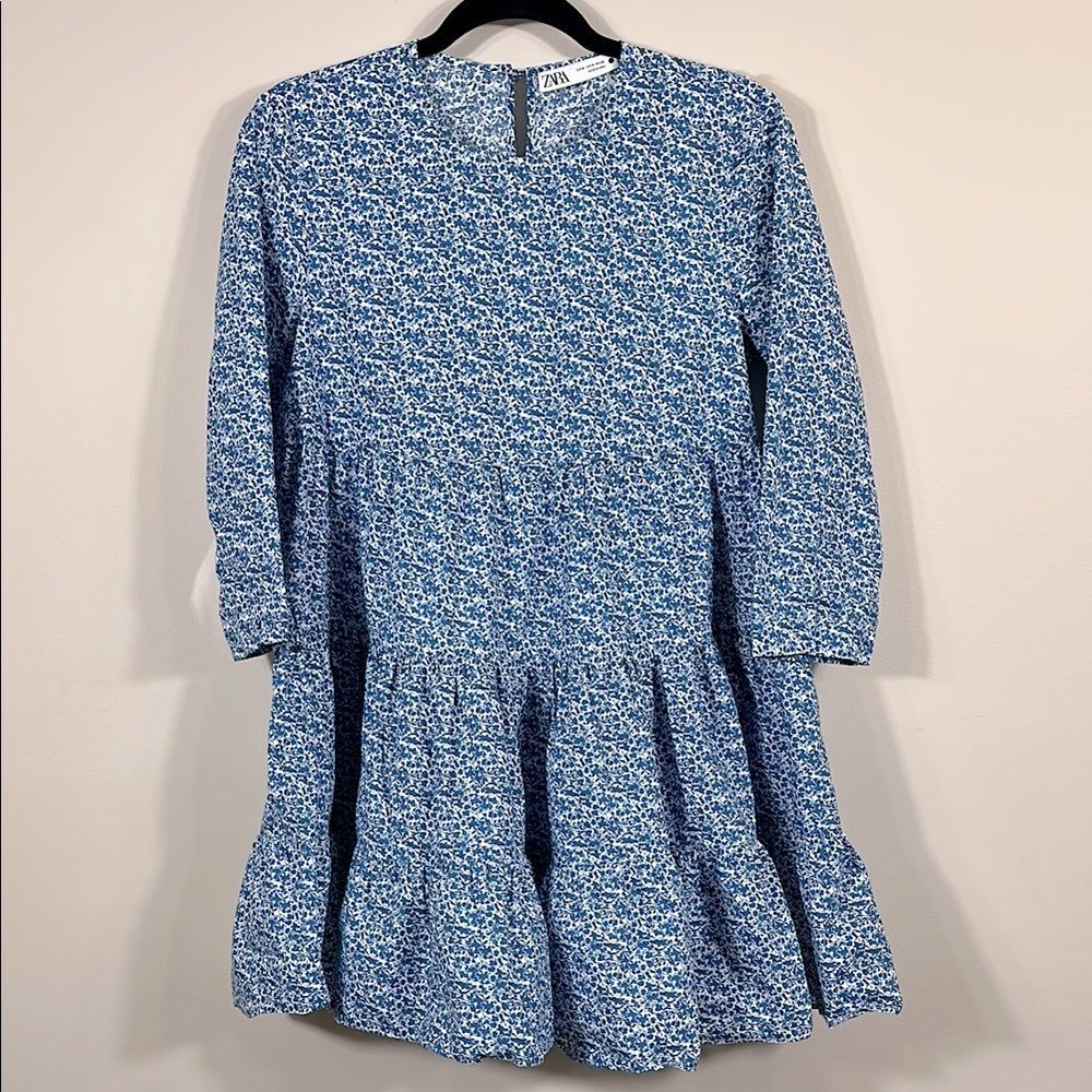 Zara Blue White Floral Ditsy Mini 3/4 Sleeve Cottage Tiered Women Dress Medium